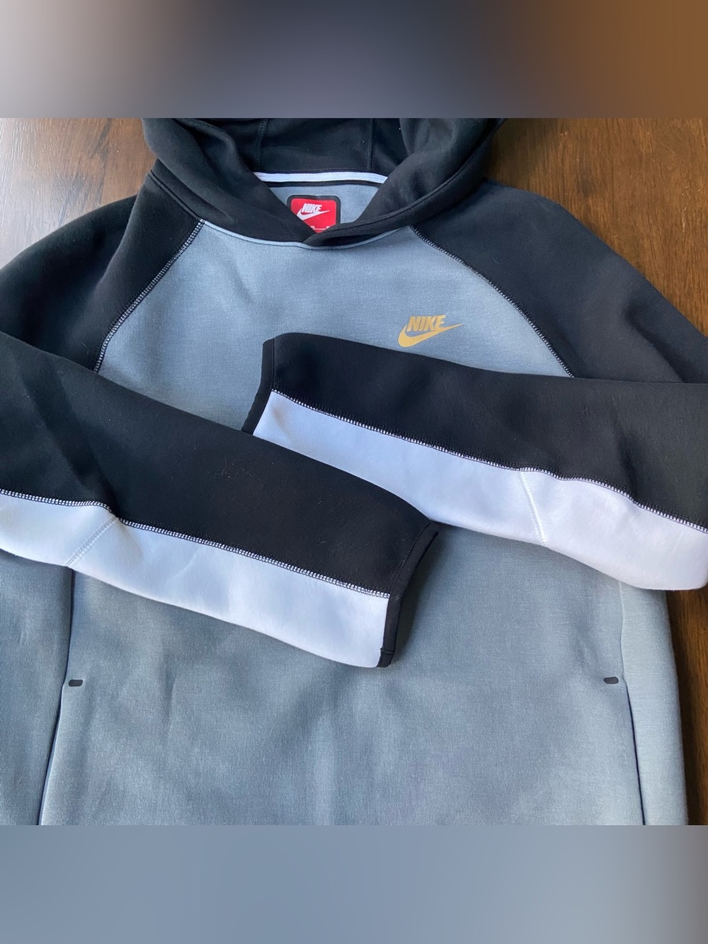 Nike Tech Fleece Hoodie Womens XL Grey Black Colorblock Gold Swoosh FD3291-065